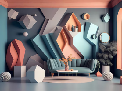 un soggiorno di desing molto particolare con divanetto e mobiletti geometrici, anche mensole geometriche