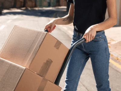 una persona porta un carrello con dei pacchi